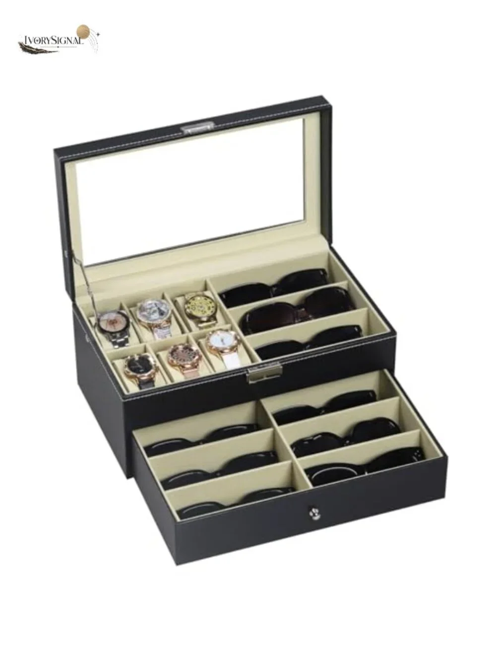 Lockable PU Leather Watch and Sunglasses Storage Case with Glass Top